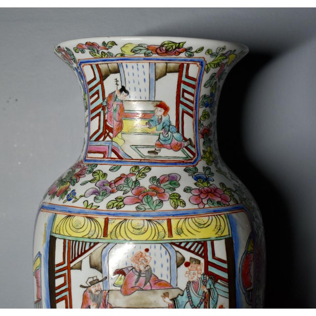 Vintage Chinese Painted Ceramic Vase W/Floral & Figural Details For Sale In Philadelphia - Image 6 of 12