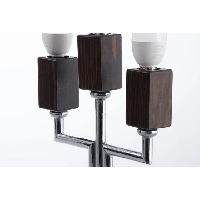 French Art Deco Triple Candelabra Table Lamps in Macassar and Chrome, 1930, Set of 2 For Sale - Image 10 of 11