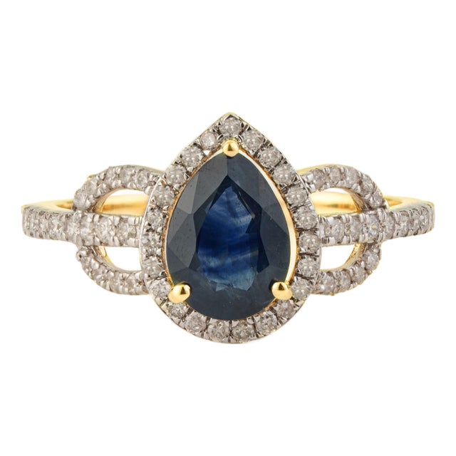 Classic Pear Cut Sapphire & Diamond Engagement Ring Size 4 in 14k Solid Gold For Sale
