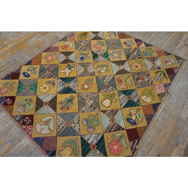 Mid-Century Modern Very Pretty Multi Colored Floral Tumbling Block Pattern Set on a a Light Yellow Tan Background Vintage Signed Sg and Dated 1950 American Hooked Rug For Sale - Image 3 of 15
