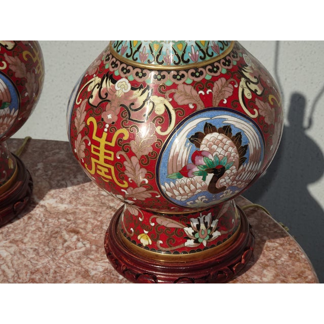 Metal Vintage Asian Chinoiserie Cloisonne Red Table Lamps - a Pair For Sale - Image 7 of 15
