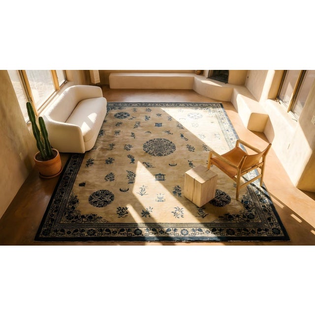 Textile Exceptional Floral Pattern on a Beige Open Field and Navy Border Antique Chinese Peking Rug For Sale - Image 7 of 9