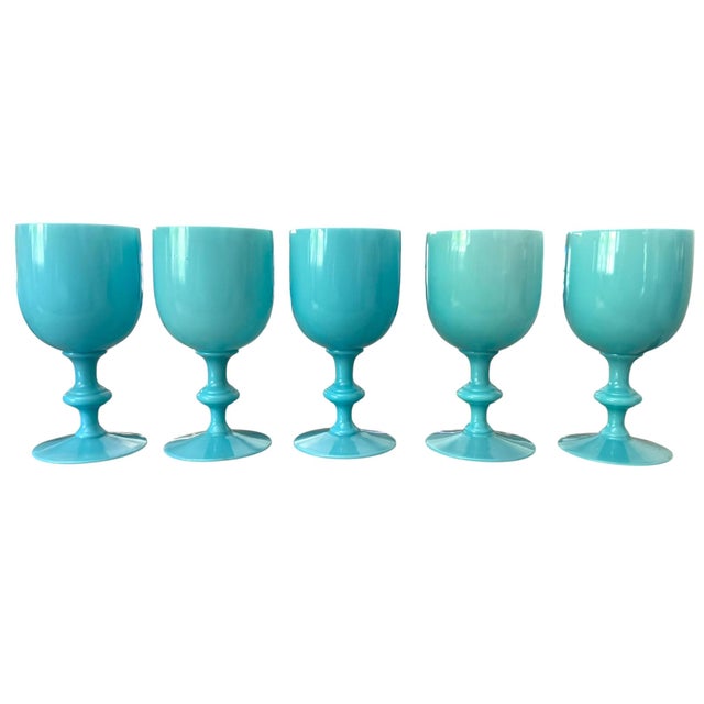 Art Deco Vintage Portieux Vallerysthal Turquoise Opaline Glass Goblets, France C. 1930s-40s - Set of 5 For Sale - Image 3 of 7