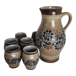 1960s Marzi Remy German Pottery Drinking Set - Pitcher With 6 Glasses
