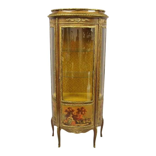 Mid 20th Century Vintage French Louis XV Style Half Round Demilune Lighted Curio Display Cabinet For Sale