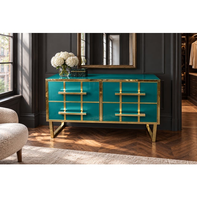 Gold Italian Aqua Blue Murano Glass and Brass Four-Drawer Chest from Justfurnituress SRL For Sale - Image 8 of 9