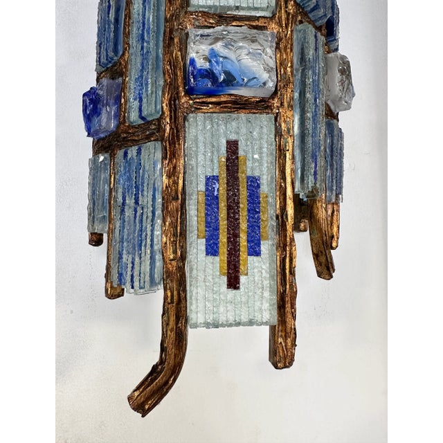 Mid-Century Modern Pair of Hammered Glass Wrought Iron Sconces by Longobard, Italy, 1970s For Sale - Image 3 of 13