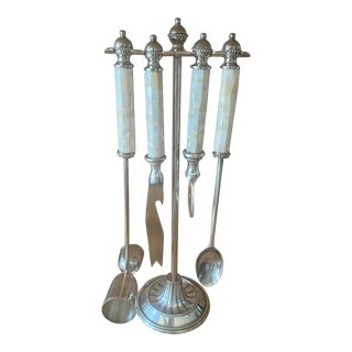 Vintage Towle Silver Smiths, Silver + Mother of Pearl Bar Tools Bartending Set With Stand- 5 Pieces For Sale