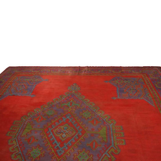 Handwoven in wool and originating from Turkey circa 1890-1900, this 13x13 antique Kilim and square rug is an extremely...