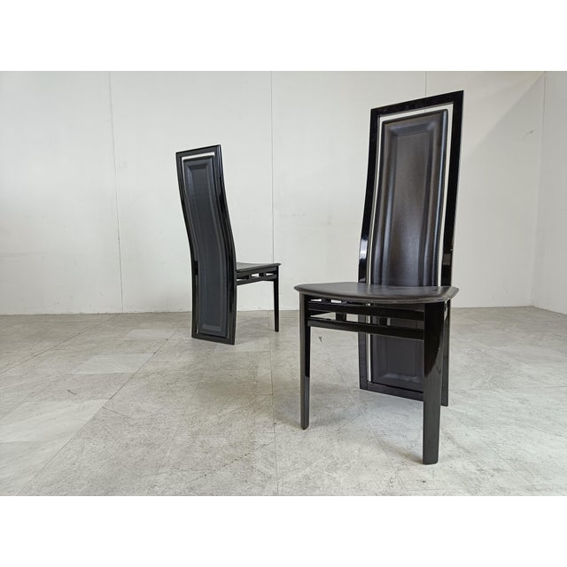 Modern Italian Lacquered Wood and Leather Dining Chairs, 1980s, Set of 8 For Sale - Image 6 of 11