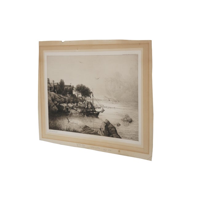 The Hudson River School Late 19th Century Antique John Hill Millspaugh Signed Coastal Sailboat Seascape Landscape Etching For Sale - Image 3 of 11