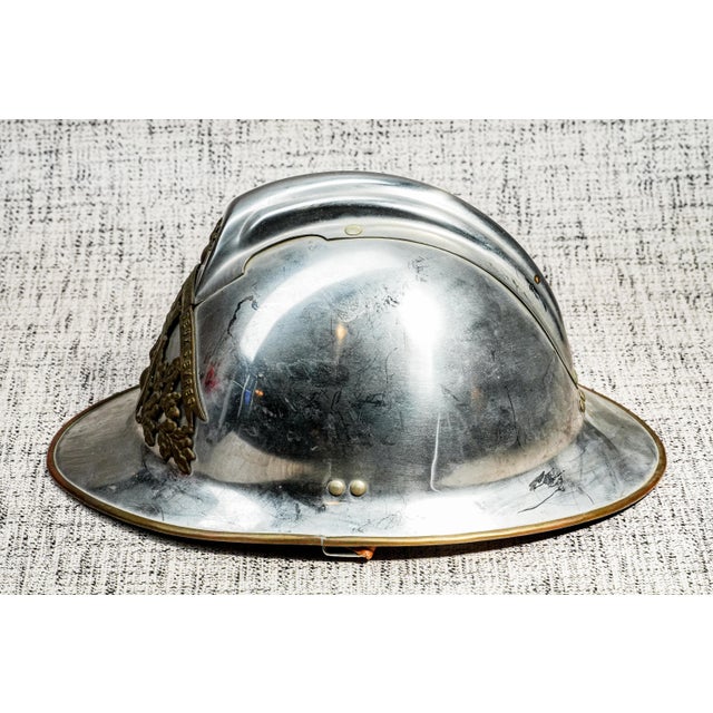 Silver Fascinating Antique French France Fireman's Helmet Decorative Silver Tone Metal With Bronze Crest Home Decor For Sale - Image 8 of 11