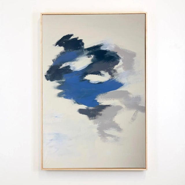 Abstract beautiful painting that is soothing and reminds you of floating clouds going by. In deep blues, gray and cream...