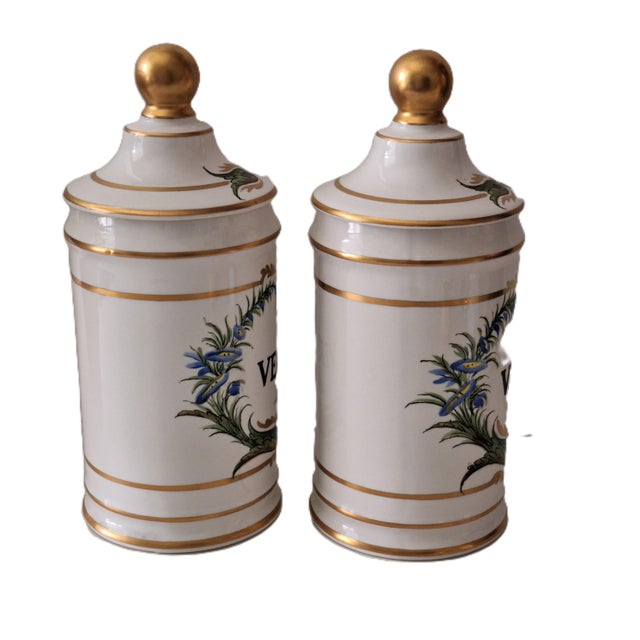 Mid-Century Modern Mid 20th Century French Provence Style Carlin Comforts Pair of Apothecary Jars For Sale - Image 3 of 11