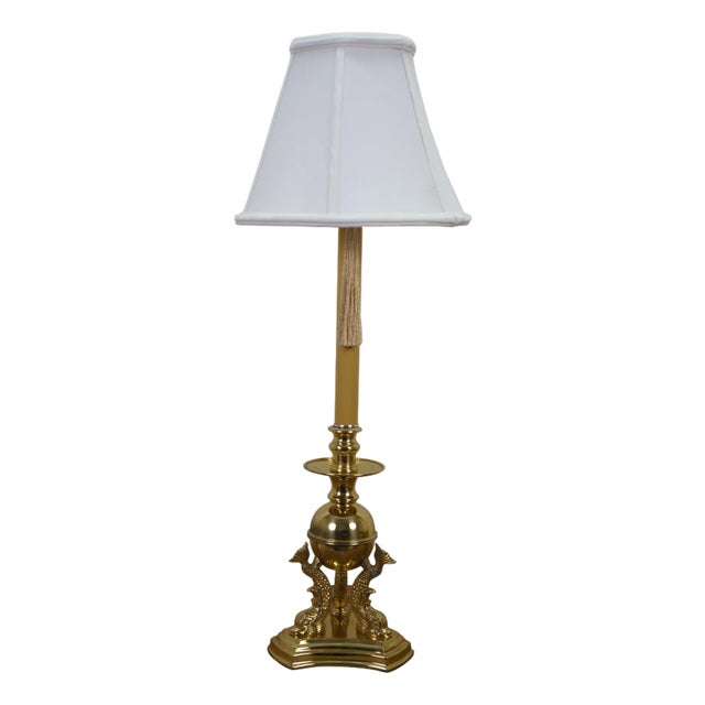 Vintage French Empire Brass Delphin Dolphin Koi Fish Orb Candlestick Table Lamp 32" For Sale