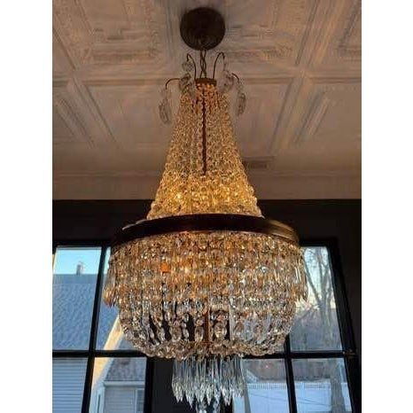 Vintage Chandelier- Extraordinary French Montgolfière Empire-Brass & Crystal Basket Chandelier For Sale - Image 4 of 5
