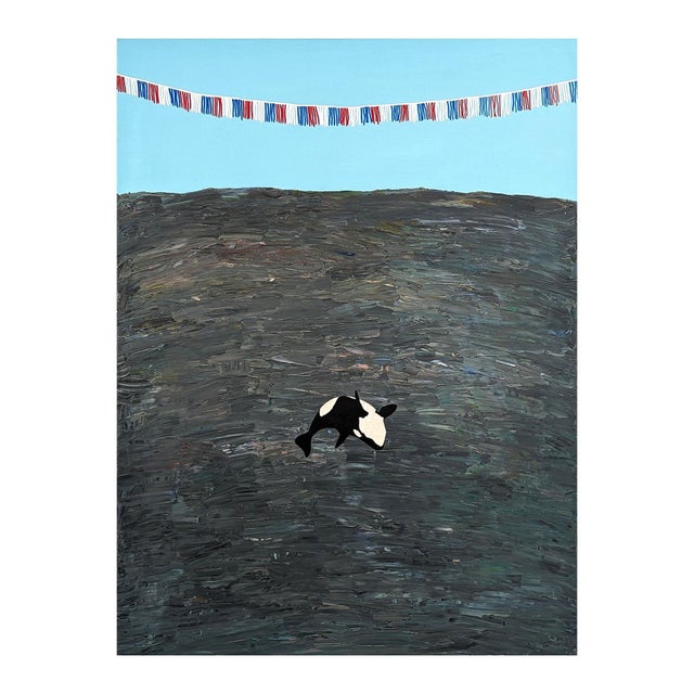 Colorful ocean wildlife painting by Memphis-based contemporary artist Alex Paulus. The work features a jumping orca, also...