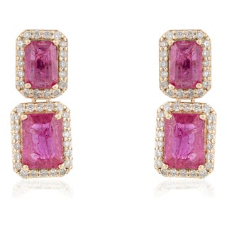 3.03 Carat Emerald Cut Ruby Diamond Double Drop Earrings in 14k Yellow Gold- A Pair For Sale