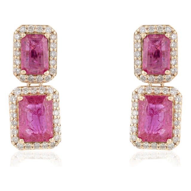 3.03 Carat Emerald Cut Ruby Diamond Double Drop Earrings in 14k Yellow Gold- A Pair For Sale