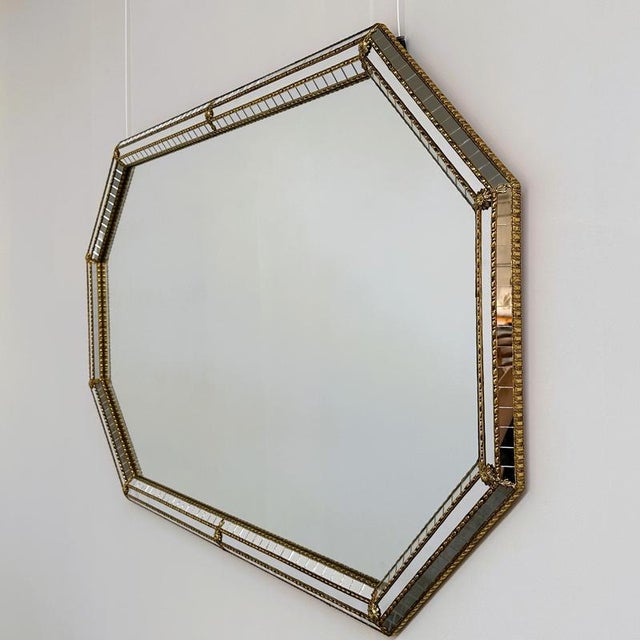 Metal Large Spanish Hollywood Regency Octagonal Gilt Metal and Beveled Mosaic Wall Mirror For Sale - Image 7 of 12