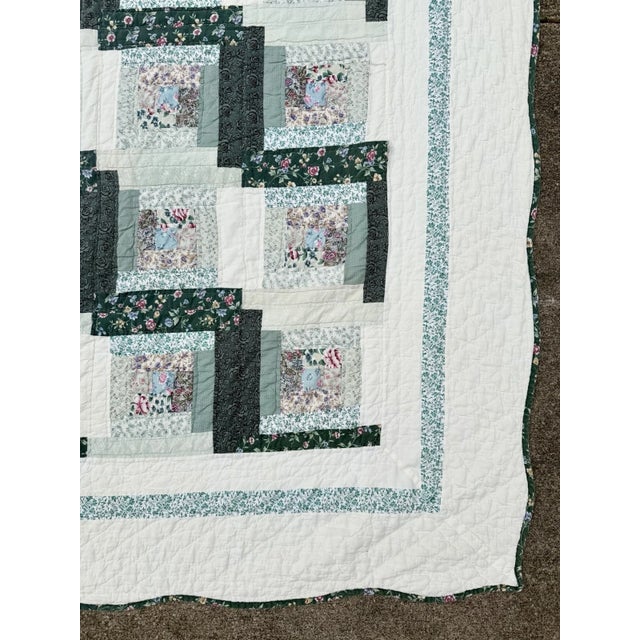 Vintage Hand Stitched Log Cabin Quilt Green And White, Square 77x79” For Sale - Image 9 of 18