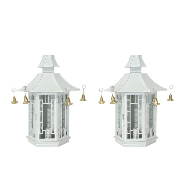 Vintage Chinoiserie Green Pagoda Wall Sconces With Hanging Brass Bells - a Pair For Sale - Image 11 of 11