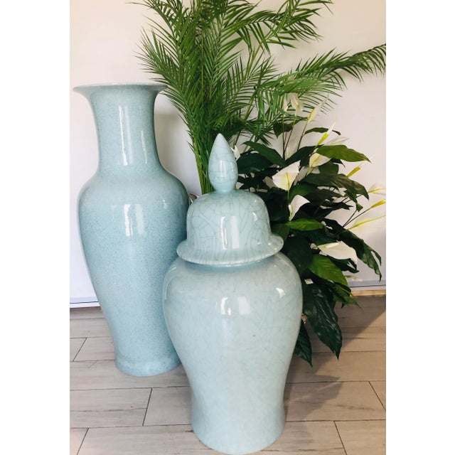 Celadon Vintage Extra Large Chinese Celadon Crackle-Glazed Altar Vase With Flaring Neck and Matching Ginger Jar- 2 Pieces For Sale - Image 8 of 12