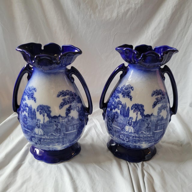 Victorian Late 19th Century Pair of Victorian Staffordshire "Romantic" Flow Blue Vases For Sale - Image 3 of 10