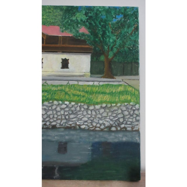 2000 - 2009 Original Oil on Canvas Painting Estate Home W/ Stone Wall & Reflection - Unsigned 20x16" For Sale - Image 5 of 6