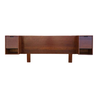 Mid Century Modern Danish Style Queen Teak Headboard With Floating Nightstands For Sale