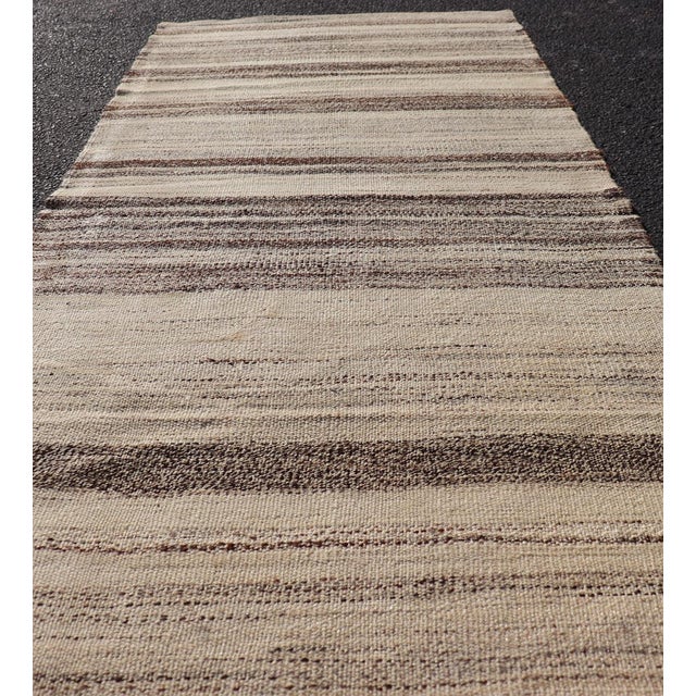 Traditional Stripe Design Turkish Vintage Kilim Rug in Shades of Ivory, Beige, and Brown For Sale - Image 3 of 10