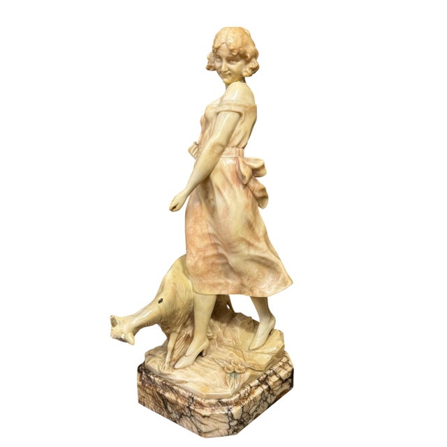 Minimalism Late 19th Century Hand-Carved Alabaster Figurative Sculpture Depicting a Young Woman or Shepherdess With a Goat/Sheep, For Sale - Image 3 of 8