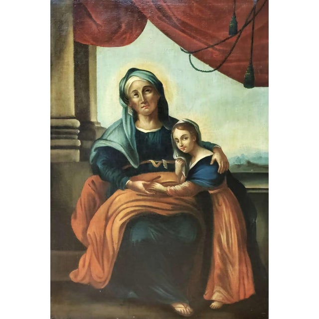 This large-scale devotional composition depicts **Saint Anne**, seated and dressed in a blue-green mantle over a dark robe...