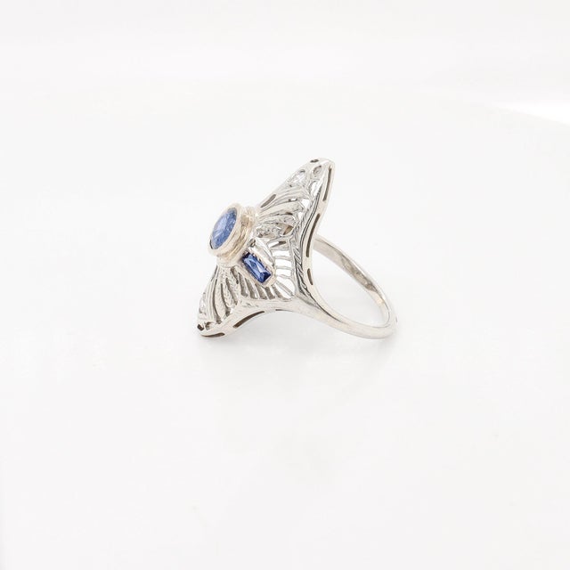 18k White Gold, Sapphire, and Diamond Art Deco Style Filigree Cocktail Ring For Sale In Philadelphia - Image 6 of 11