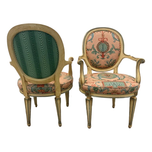 Pair of Vintage Karges Louis XVI Style Armchairs – Hand-Painted Frames For Sale