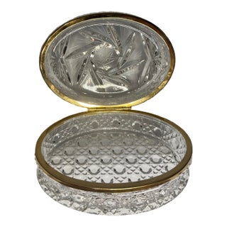 Vintage Cut Crystal Hinged Jewelry Box With Gold Tone Ormolu Mount For Sale
