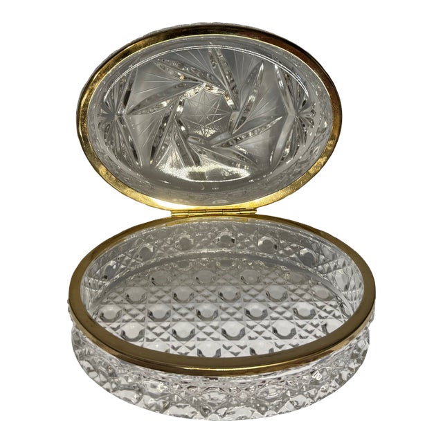 Vintage Cut Crystal Hinged Jewelry Box With Gold Tone Ormolu Mount For Sale