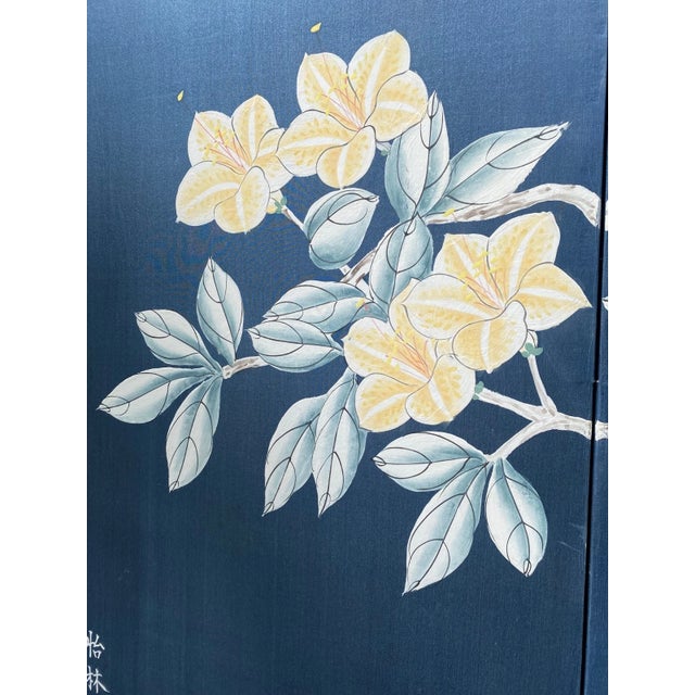 Wood Large Vintage Hand Painted Showa Era Japanese Byobu Folding Silk Screen MCM Signed Blue Gold Floral 72" For Sale - Image 7 of 11