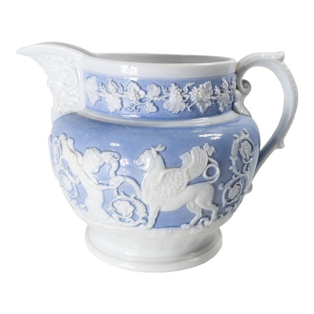 19th Century English Staffordshire Neoclassical Lavender Blue and White Pitcher by Ridgway For Sale