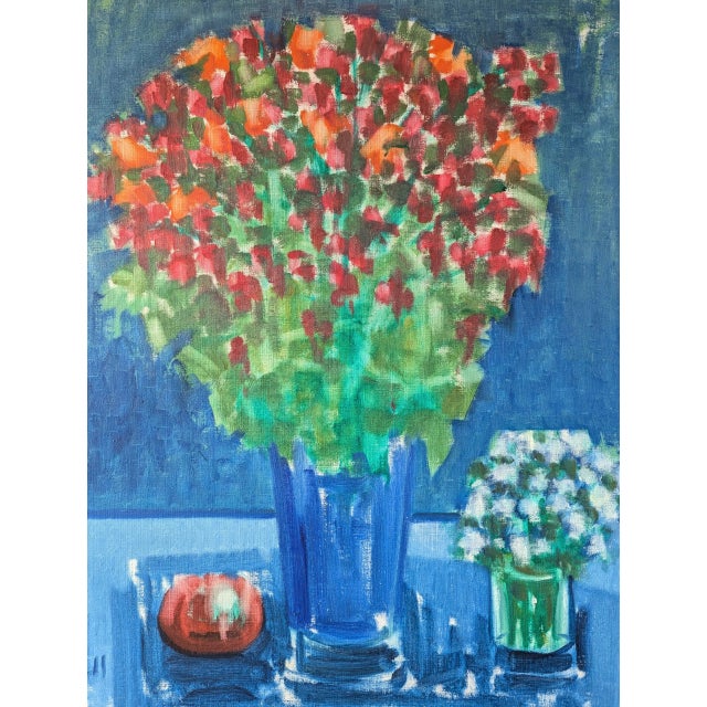 Blue Mid-Century Modern 'Floral by Blue' Vintage Original Swedish Still Life Oil Painting, Framed For Sale - Image 8 of 11