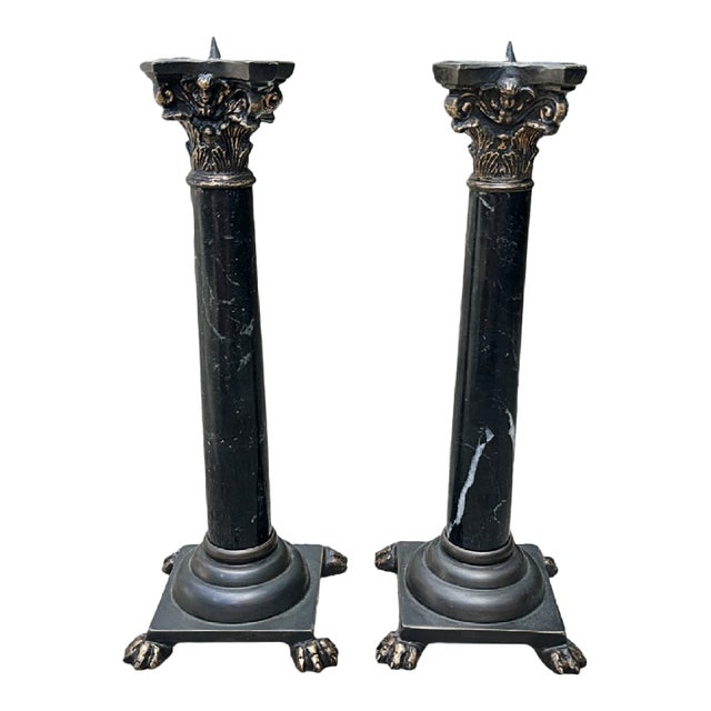 Antique Empire Bronze & Black Marble Lion Paw Pique Candlesticks Candle Holders For Sale
