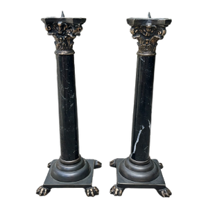 Antique Empire Bronze & Black Marble Lion Paw Pique Candlesticks Candle Holders