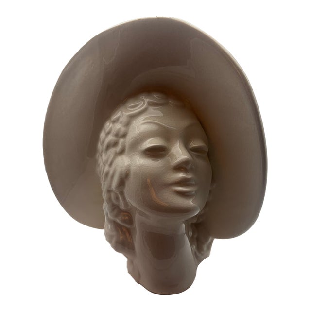 Vintage Royal Haeger Woman’s Head Vase With Wide Brim Hat, Art Deco, 1930s, 9” For Sale