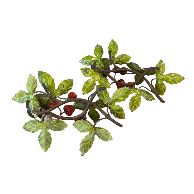 Vintage Italian Hand Painted Tole Strawberry Candle Holders / Botanical Floral Candlesticks, a Pair For Sale - Image 9 of 9
