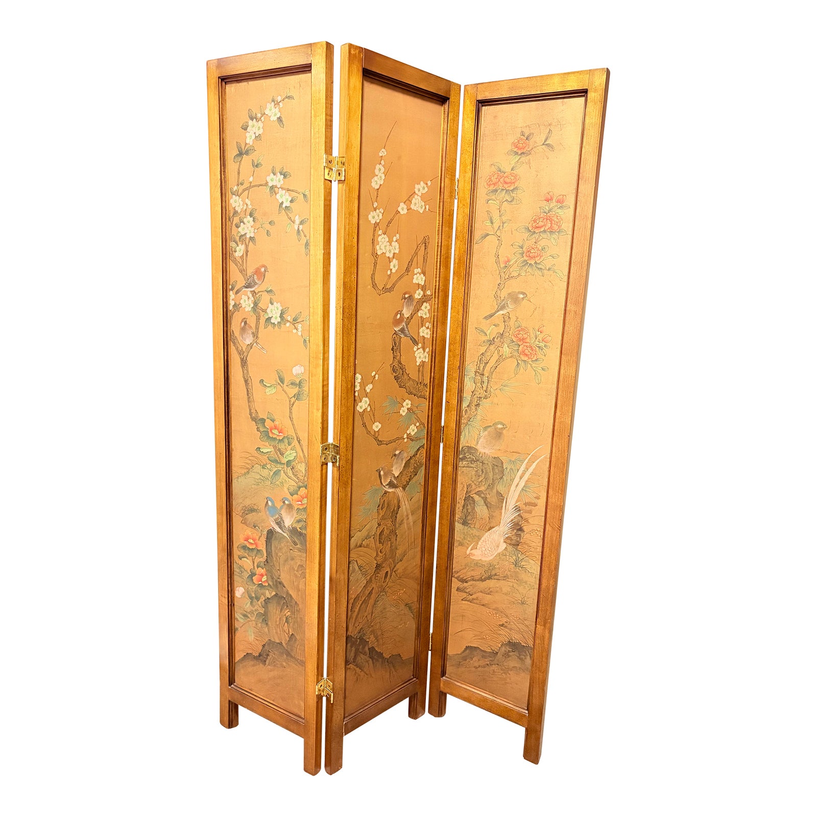 -antique-バゲジカート ヴィンテージ ホテルKARE ファニチャー Vintage Asian Three-Panel Folding Screen With Hand-Painted Birds