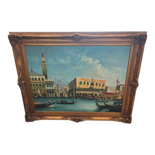 Mid 20th Century Original Oil on Canvas Painting of Venice With Stunning Carved and Gilded Wood Frame by De Taro For Sale