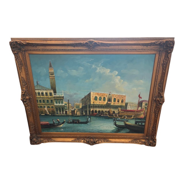 Mid 20th Century Original Oil on Canvas Painting of Venice With Stunning Carved and Gilded Wood Frame by De Taro For Sale