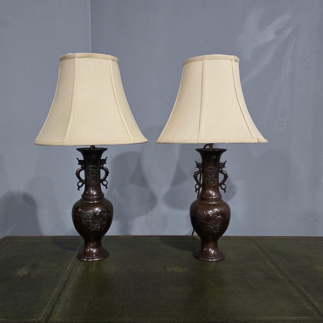 Metal Japanese Bronze Table Lamps, 1920, Set of 2 For Sale - Image 7 of 8