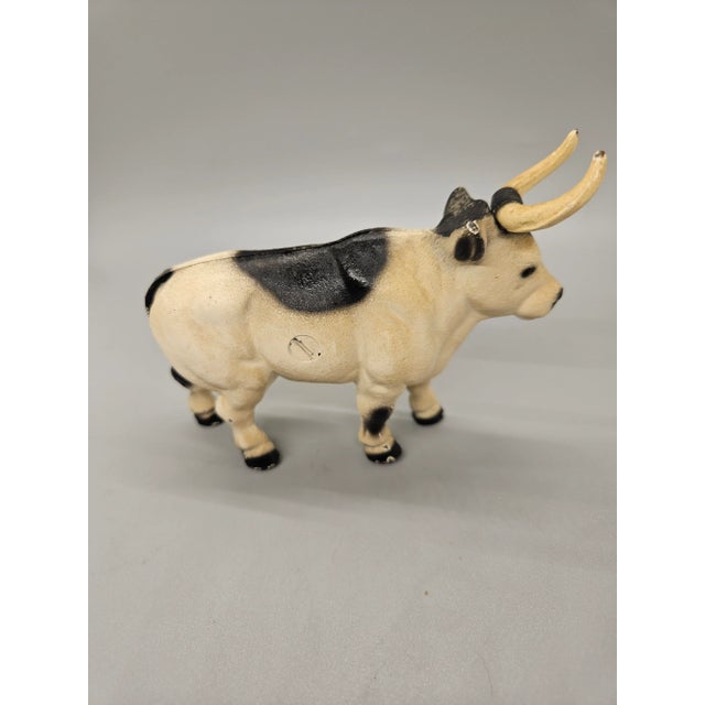American Vintage/Antique Cast Iron Black & White Longhorn Steer Coin Bank, 5"l For Sale - Image 3 of 4