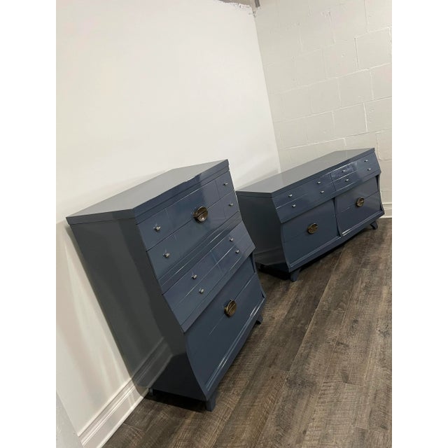 1970s 1970s Set of Two Blue Dressers Low and Tall Boy Custom Painted, High Gloss Lacquer Set, Refinished Modern Antique For Sale - Image 5 of 12